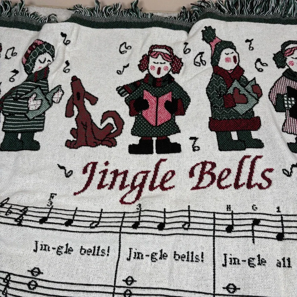 Vtg Jingle Bells Christmas Carolers Tapestry Throw Musical‎ Notes Blanket